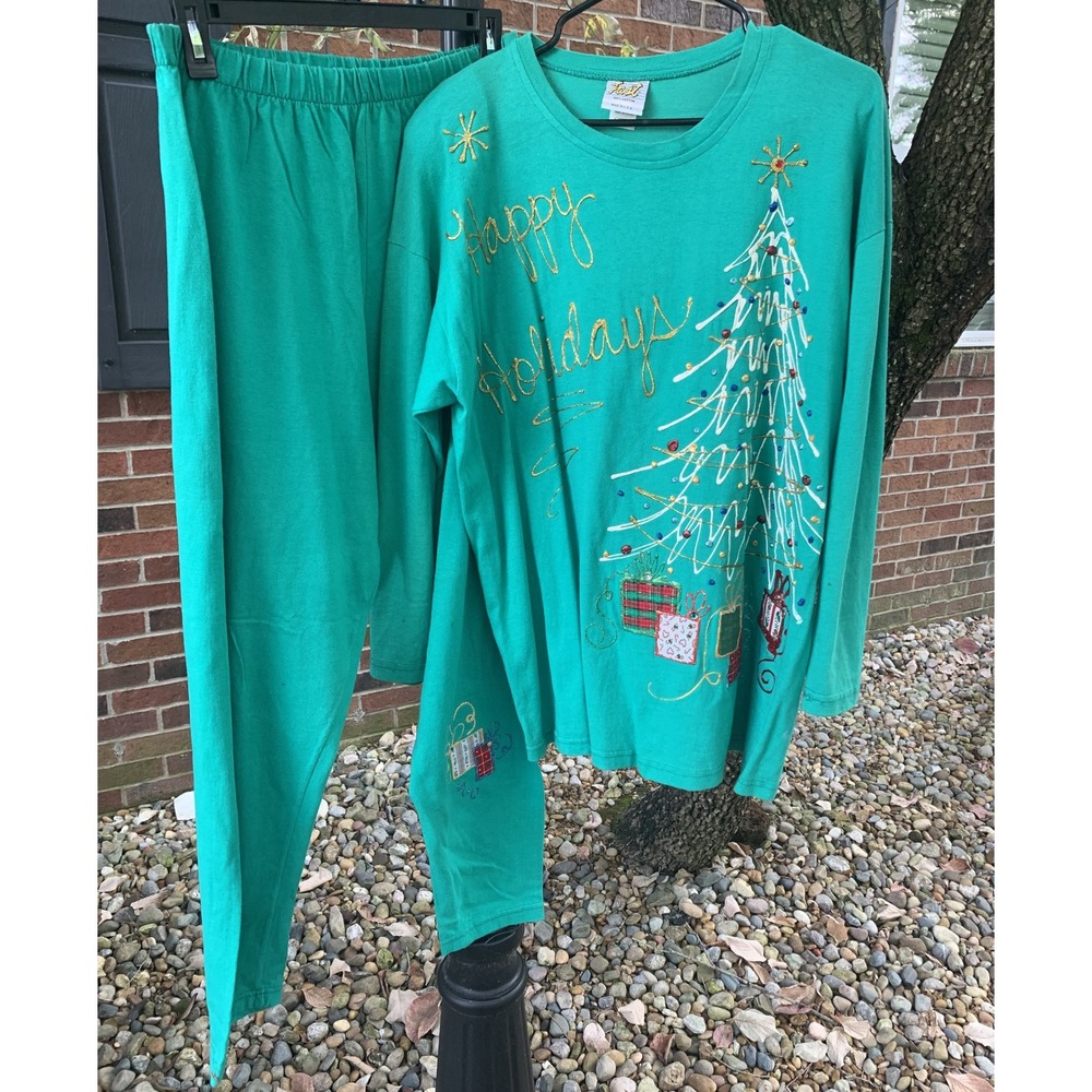 Vintage Fast Happy Holidays Christmas Tree Handmade Set Top & Pants Best Large